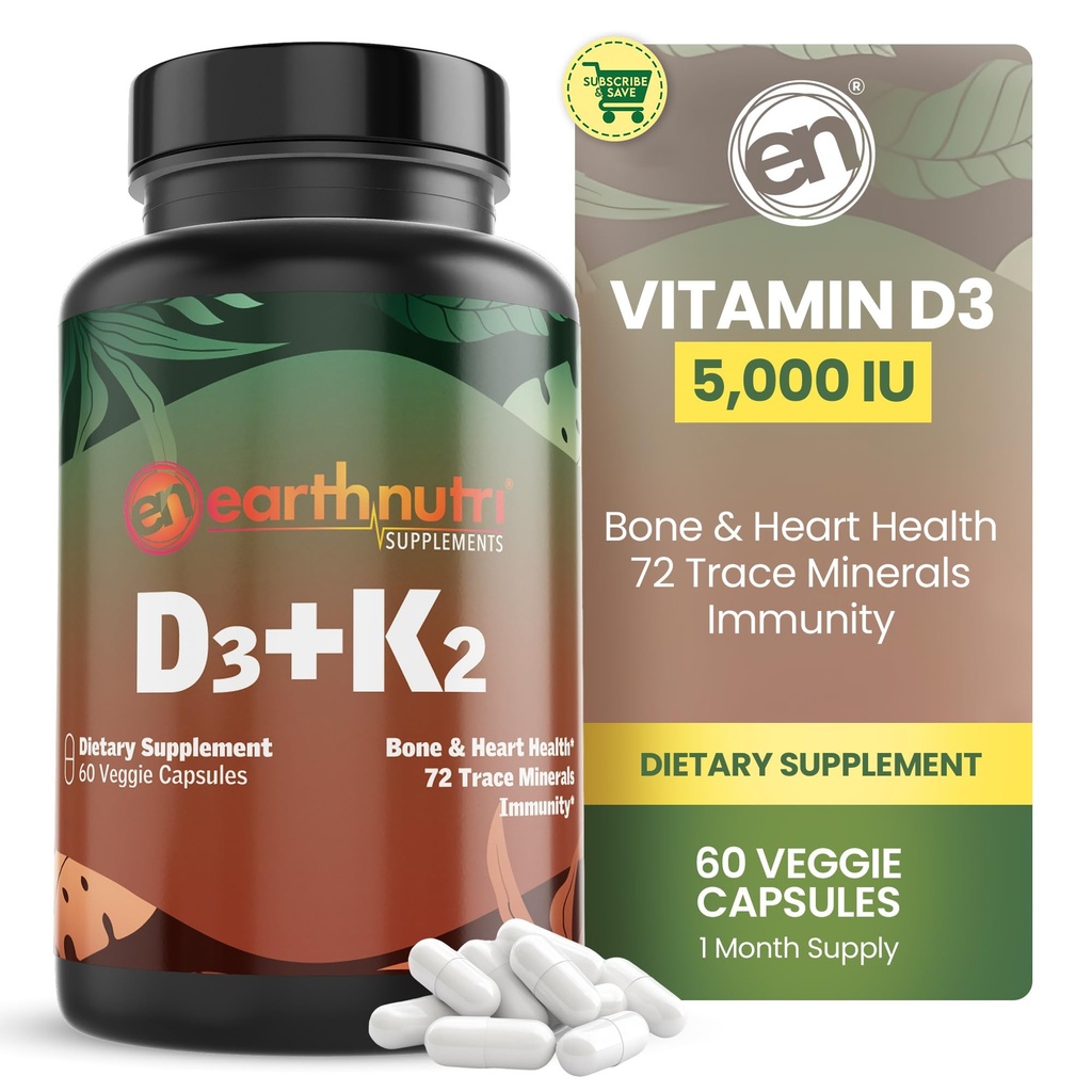 Zemní Nutri vitamin D3 K2 doplněk 5000 IU - Obsahuje K2 z MENA Q7, D3 z Vitashinu, vápník z Aquamin & 72 stopových minerálů - pro imunitní, kostní a srdeční zdraví - Non- GMO - 60 Veg Kapsle