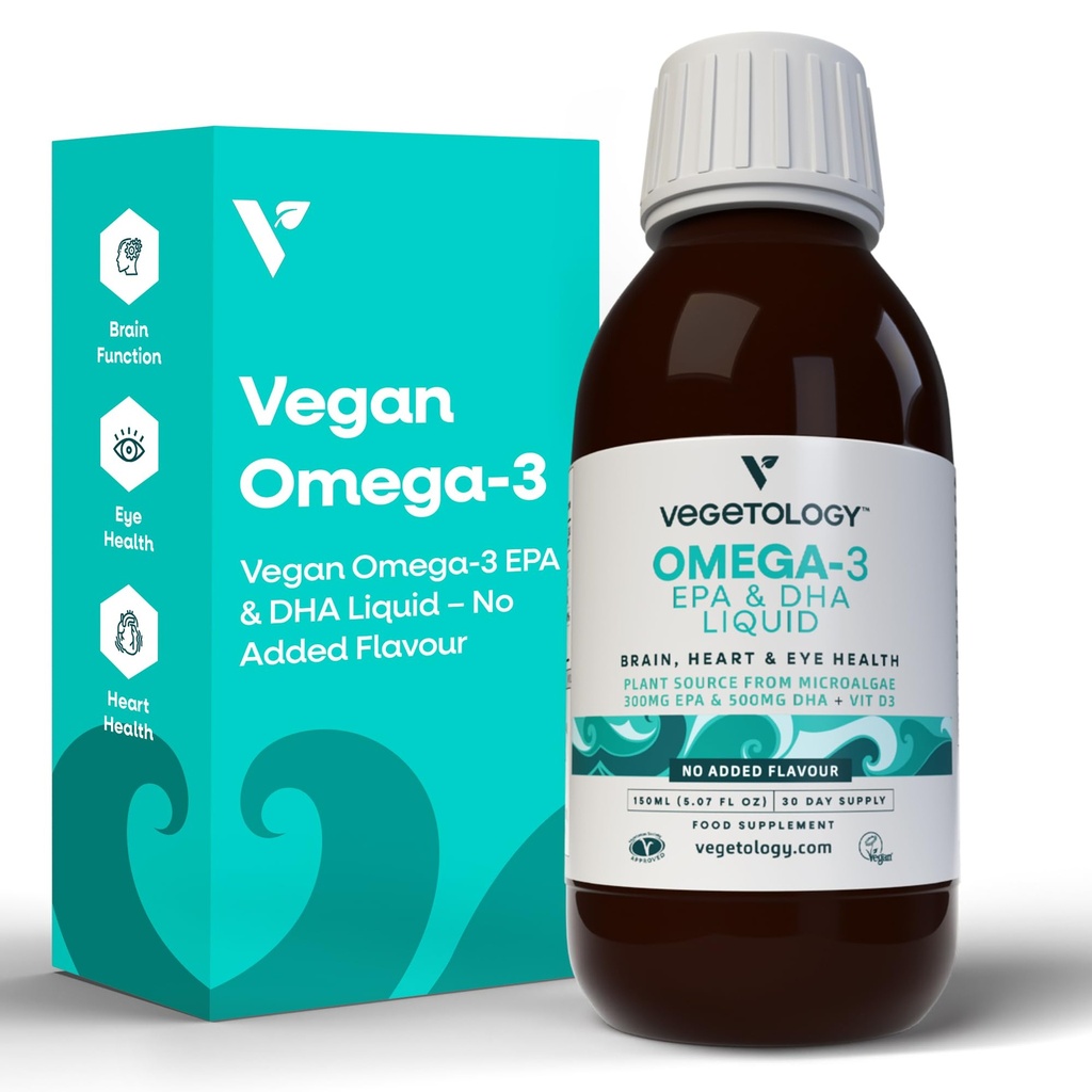Vegan Omega 3 Liquid, z mikrořas, 800mg EPA DHA, s vitamínem D3, podporuje srdce, mozek a oko zdraví, přírodní rybí olej Alternative, Spojené království Made, Neochucené