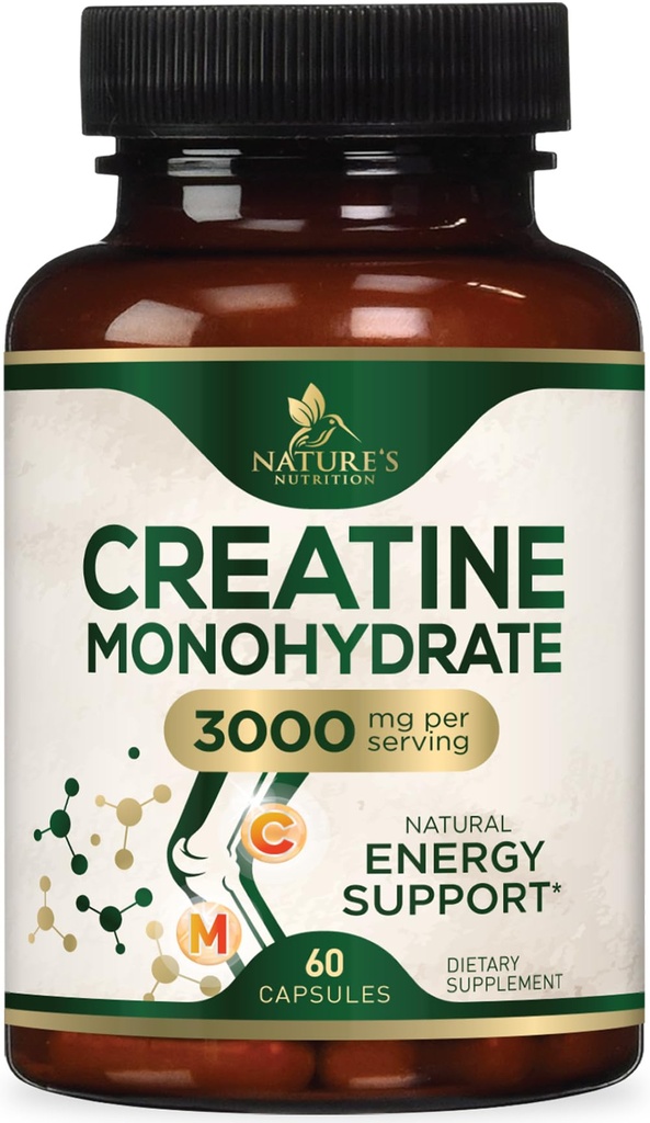 Kapsle s monohydrát kreatininu 3000mg - Nejlepší mikronizovaný Creatin Powder - Podporuje Lean Muscle, Síla, Energie, & Vytrvalost - Přídavek přírody, Non- GMO, Gluten zdarma pro ženy a muže - 60 Kapsle