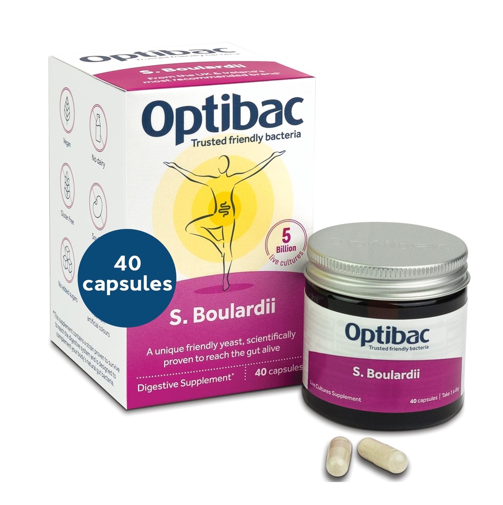 Optibac Probiotika Saccharomyces Boulardi - Vegan Vědecky osvědčený potravní Probiotický dodatek, 5 miliard CFU - 40 Kapsle