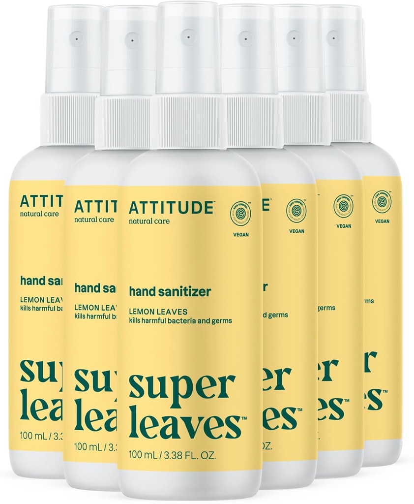 Atribude de Hand Sanitizer Spray pro dospělé a děti, EWG ověřený, zabíjí bakterie a bakterie, Vegan, Lemon listy, 3.38 Fl Oz (Spray láhev) (balení po 6)