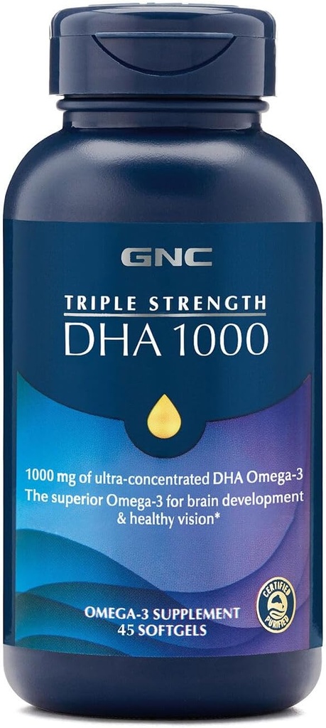GNC Triple Strength DHA 1000 Omega 3 dodatek, 1000mg DHA, podporuje vývoj mozku a zdravé vidění, 45 Softgels