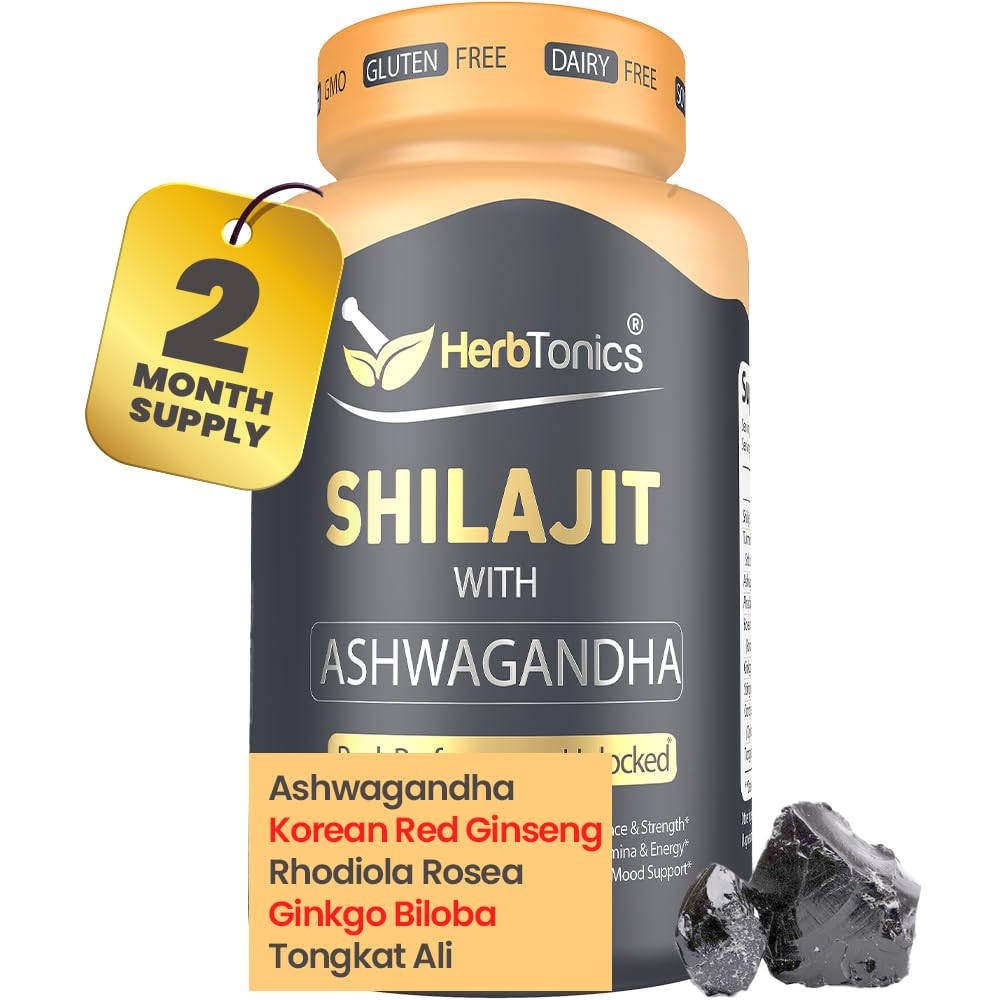 Herbtonics Shilajit pro muže a ženy s Ashwagandha, Korean Red Ginseng, Rhodiola Rosea, Ginkgo Biloba, Tongkat Ali Ibrahi124; Fulvic Acid & Trace Minerály pro Stamina & Imunity 124; 60 Vegan Kapsle