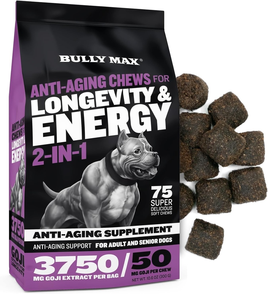 Bully Max 2-in-1 Anti- Aging Multivitamin Chews - Senior Dog Food Supplement for Vitality, Imunity, Společná podpora s postbiotika - Dospělé psí vitaminy pro malé a velké plemeno - 75 Chutné měkké Chews