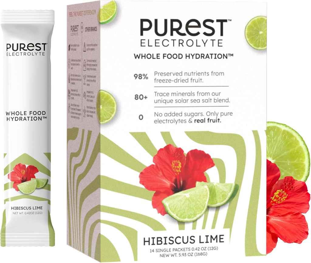 Znát Brainer Purest Electrolyte Hibiscus Lime Powder Packets - Celá potravinová hydratace - Organic Freeze- Sušené ovoce a solárního moře Soli pro konečnou rovnováhu elektrolytů