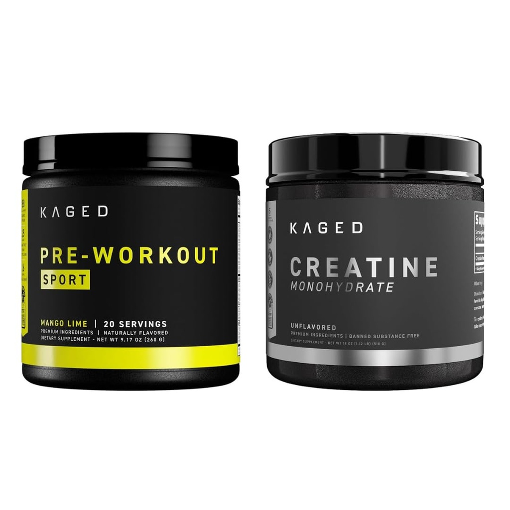 Kaged Pre Sport Pre Workout Powder Mango Lime Creatine Monohydrát Mikronizovaný Powder Bundle, Energy & Muscle Recovery Dodatek Pack, 20 Servings Předcvičení + 100 Servings Creatine