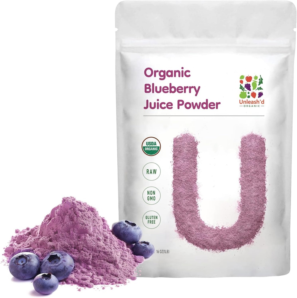 UNLEASH 'D Organic Organic Blueberry Juice Powder 16 oz 100% čisté přírodní zelené potraviny, bohaté na antioxidanty a vitaminy, AIDS Digestion a zvyšuje imunitní funkci