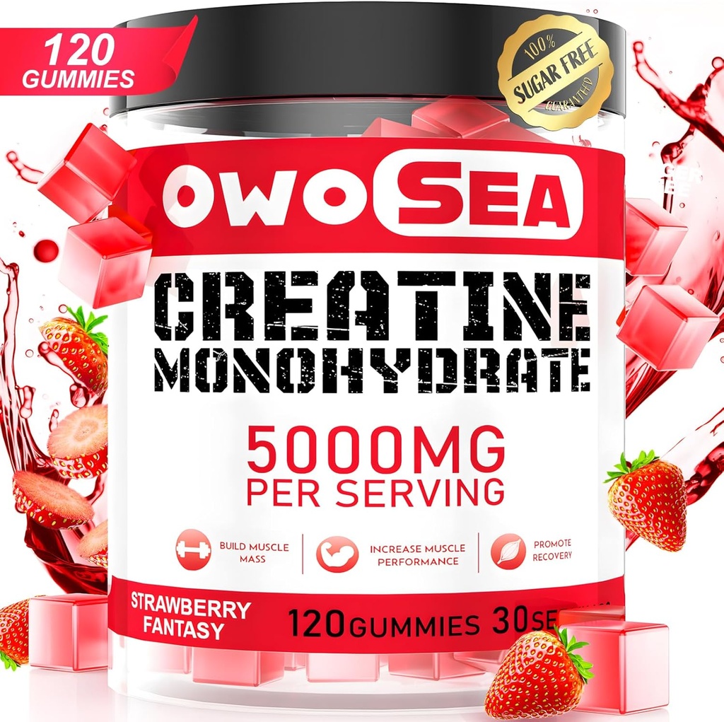Creatine Monohydrát Gummies pro muže a ženy 5000mg Creatine Monohydrát per Serving for Muscle Support Energy Boost 120 Count Chewable 5g Creatin Supplement Cukr zdarma Vegan (1 balení, Jahoda)