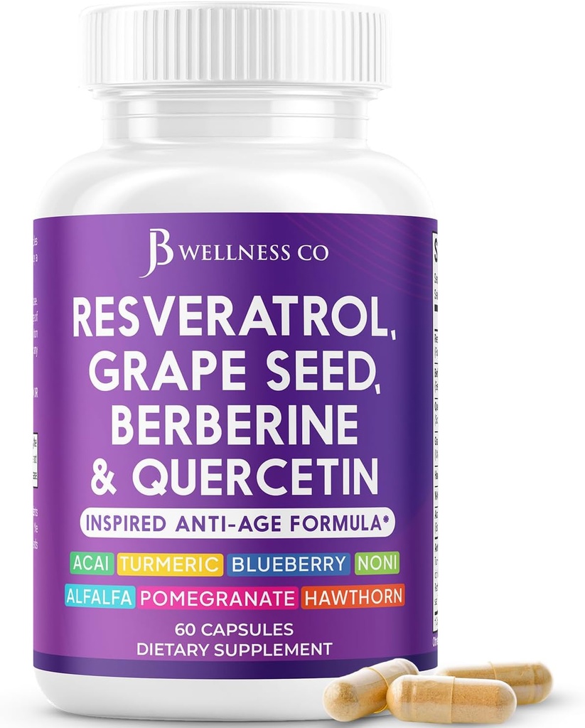 JB Wellness Resveratrol Grape Seed Extract, Berberine, Quercetin - Polyfenol doplněk pro ženy a muže s Noni Extract, N- Acetyl Cysteine, Acai Extract - 60 Kapsle