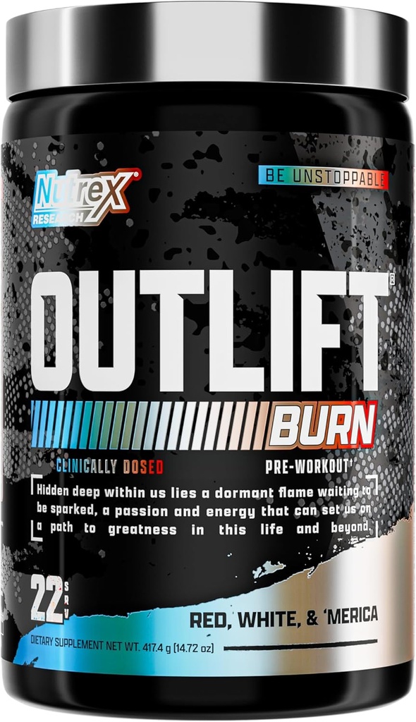 Nutrex Outlift Burn Pre- Workout Dodatek pro energii, Focus & Endurance 124; Izolate, L-Citrulline, Beta-Alanin & Caffeine 124; Termogenní vzorec pro výkon (22 Služeb, Red White Merica)