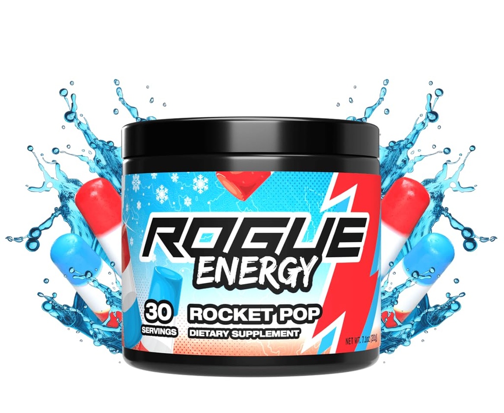 Rogue Energy Energy Drink Powder for Long Gaming Hours - Energy Powder for Mental Focus - Cukr a gluten Free - Herní doplněk s kofeinem a vitamíny - Made in USA (Rocket Pop - 30 Servings)
