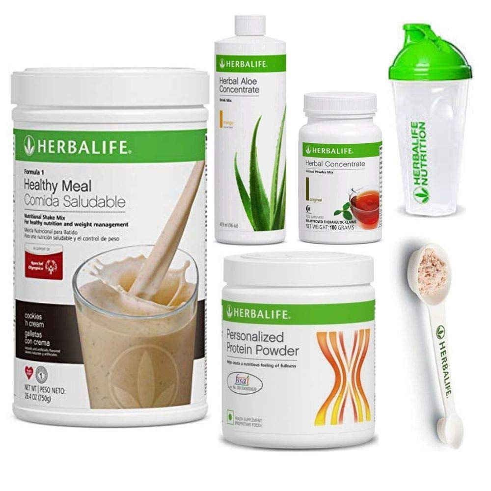 Herbalife Shake zdravé jídlo Kit 124; Cookies a krém Formule 1 + Bylinné Aloe (Mango) + bylinný čaj koncentrát + protein prášek + Shaker Cup & Spoon
