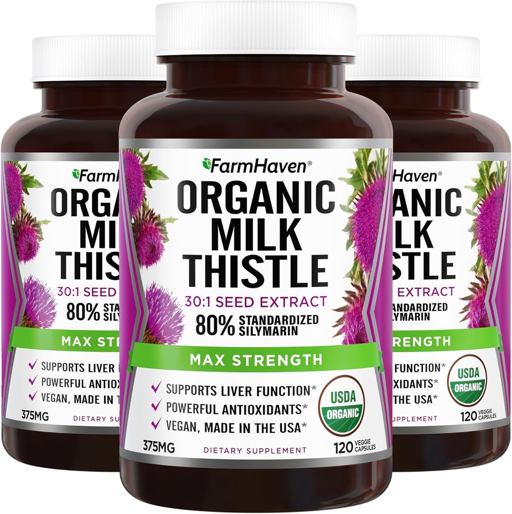 FarmHaven USDA Organic Milk Thistle Kapsle 124; 30X Koncentrovaná semena Extrakt & 80% Silymarin Standardizované - Podporuje funkci jater a celkové zdraví 124; Non- GMO Capsle 124; 360 Vegan Kapsle