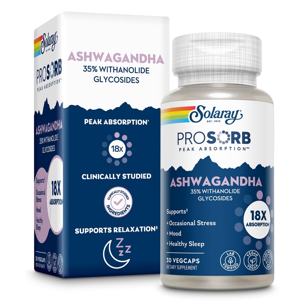 SOLARAY Ashwagandha Kapsle 18X Absorpce - Ashwagandha Root and Leaf Extract 240 mg - Přídavek na podporu stresu a nálady - Vegan, 60denní záruka - 30 Služeb, 30 VegCaps