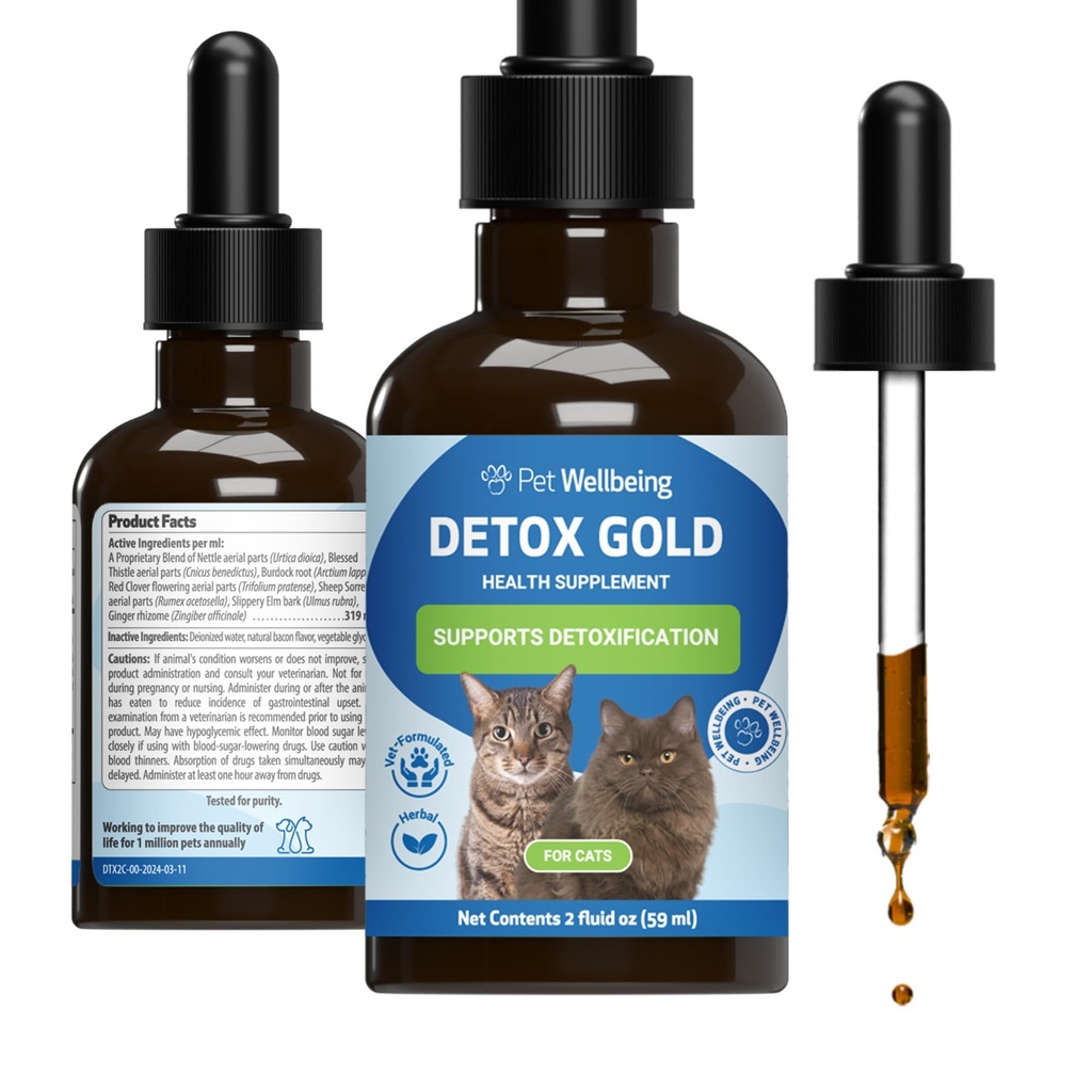 Pet Wellbeing Detox Gold pro kočky - Gentle Detoxification & Elimination Support, Imunitate System Care, Nettle, Požehnaný Thistle, Burdock Root - Veterinarian- Aplikovaný bylinný dodatek 2 oz (59 ml)