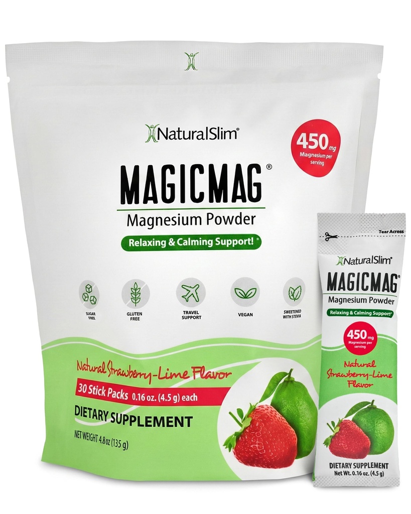 NaturalSlim MagicMag Magnesium Packets 30 Stick Pack Magnesium Citrát Powder - Stres, Zácpa, Svalová, Srdce zdraví, a spánková podpora 124; Přírodní jahoda & Lime ochucený doplněk hořčíku