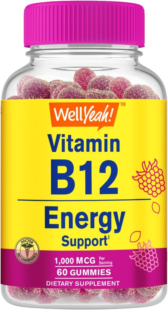WellYeah Vitamin B12 1000mcg Gummies - pro energii, nálady, metabolismus a imunitní systém podpora - Vegan Friendly and Gluten- Free, GMO Free and Doctor Doporučené - 60 Gummies