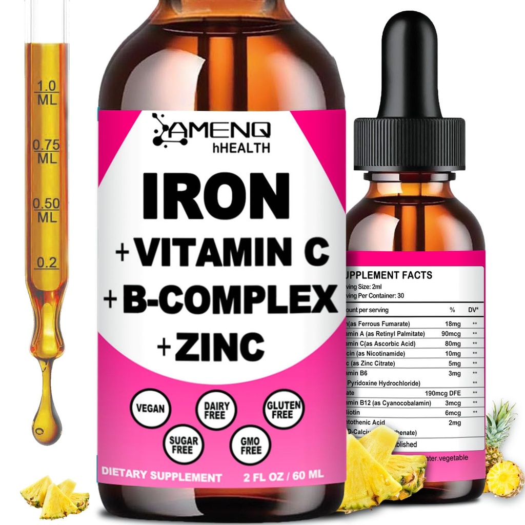 Železný doplněk pro ženy Muži a děti, Železný vitamin C, A, B-komplex, Vegan Železné kapky High potency tekutý vitamín & Železné doplňky pro anémie, červená krevní buňky, energie, Krevní stavitel, Jemný