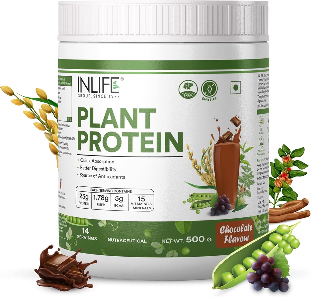 INLIFE Plant Protein Powder - Pea, Quinoa & Brown Rice - 25g Protein - Ashwagandha, Green Tea & Grape Seed Extract - dodatek (500 g, čokoláda)