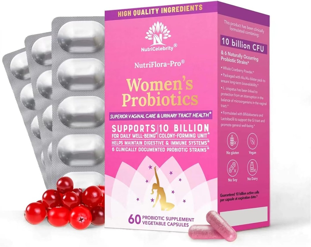 Nutricelebrity Nutricelarity Nutricela- Pro Probiotika pro ženy - Podpora Vaginal, Močové zdraví, Imunitní systém Podpora trávicího systému, Brusinkové pilulky Dodatek, 10 Miliardy CFU 6 Strains (30 Caps) - 2 Pack