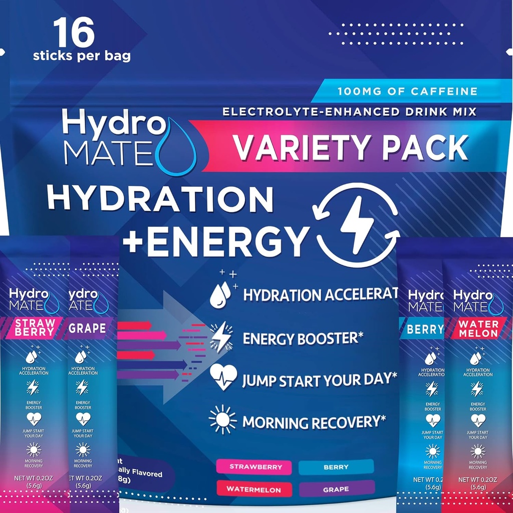 HydroMATE Electrolytes Powder Drink Mix Packets Hydratační urychlovač Nízký cukr Party Favority pro rychlé zotavení vitamín C Plus Kofein Variety Pack 16 Sticks