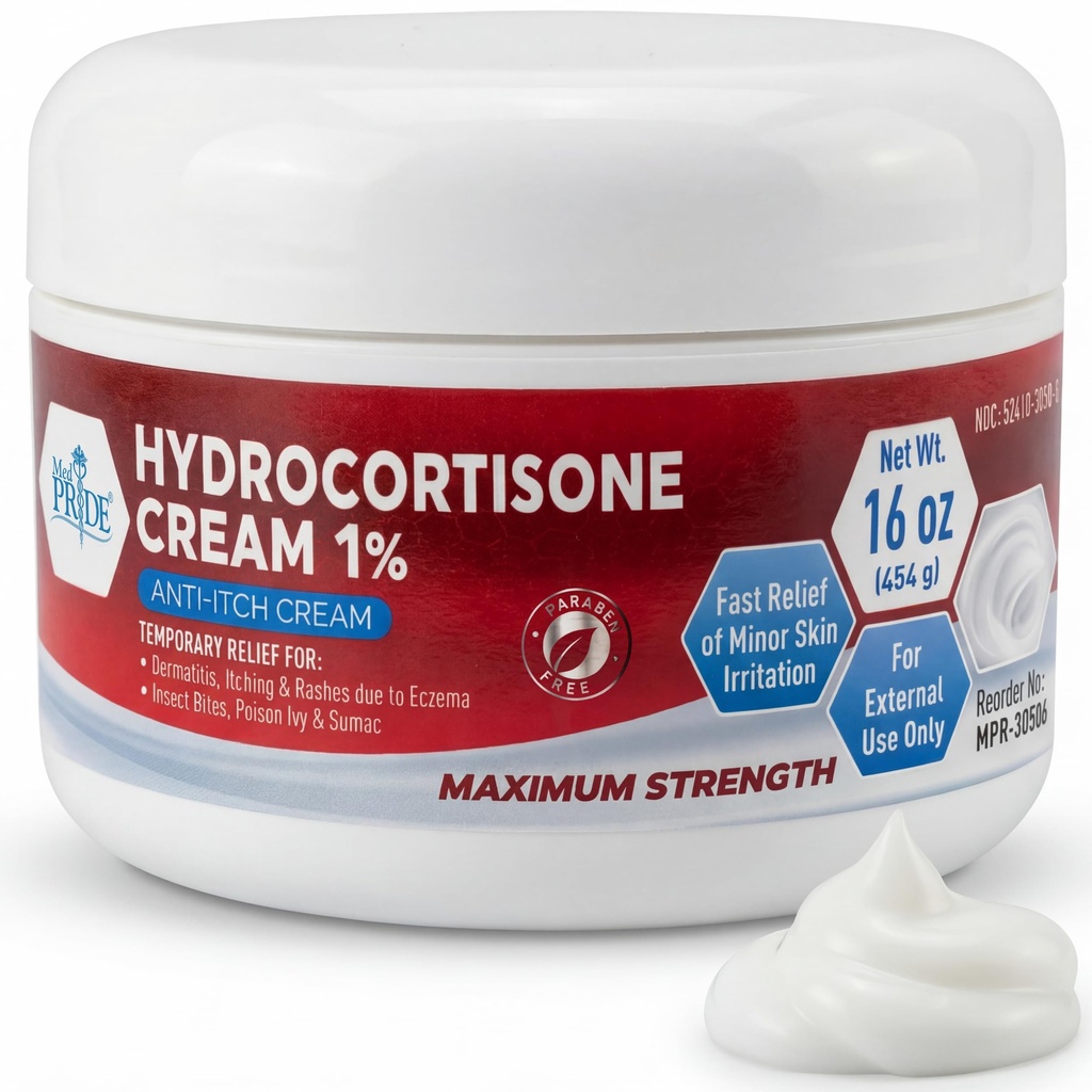 MED Pride 1% Hydrokortizon Cream Bulk 16 Oz Maximální síla Itch Relief pro ekzém, Dermatitida, vyrážka, komáři Bites