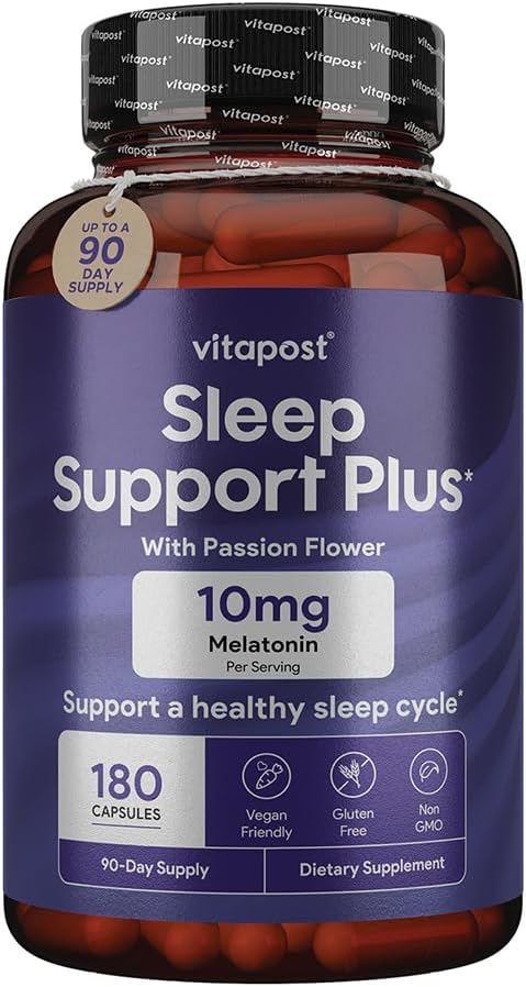 Spánková podpora Plus melatonin a botaniky na podporu zdravého spánku cyklu, s pocity klidu a relaxace pro velký noční spánek. 180 Tobolky