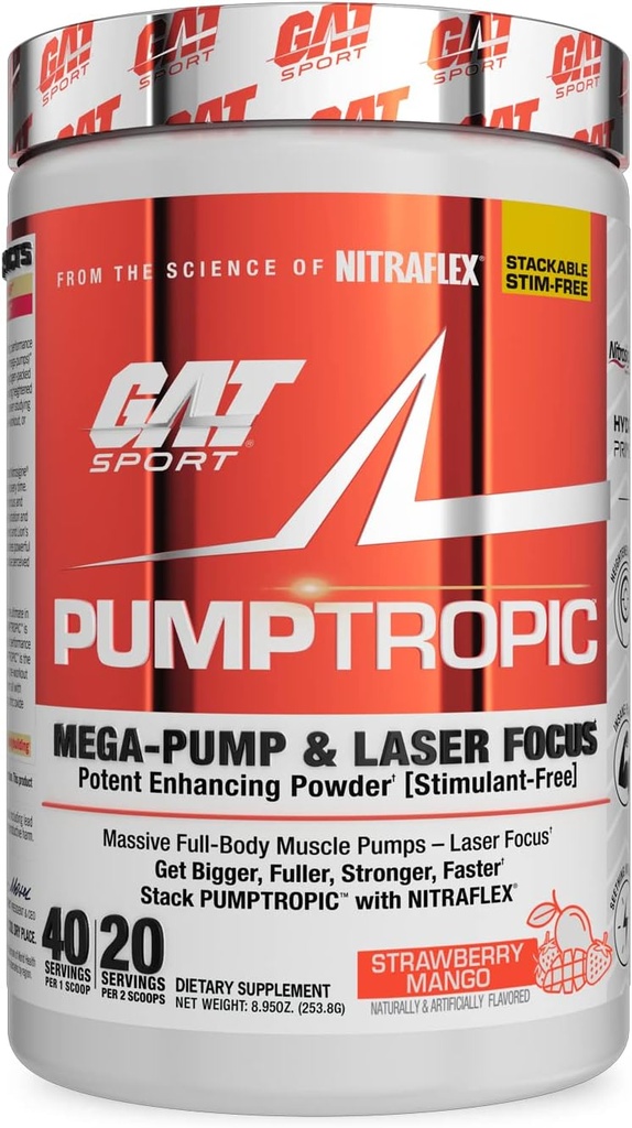 GAT Sport Pumptropic Mega-Pump & Laser Focus Power Enhancing Powder (Stimulant- Free), 40 Služeb (Strawberry Mango)