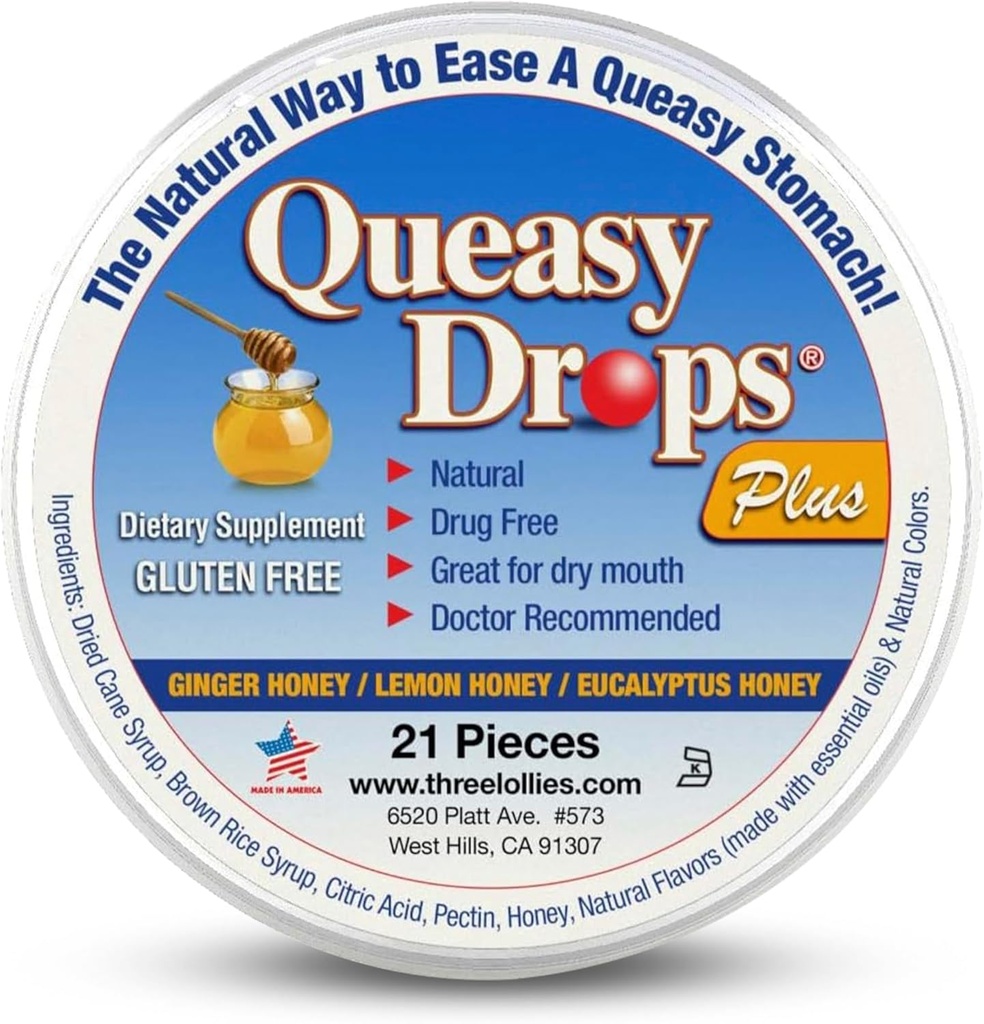 Tři Lollies Queasy Drops Plus - Lozenges s Pectin & Honey to Sootthe a Sucho Mouth - Povolit Nausea & Motion Nemoci - Přírodní - 21 ct