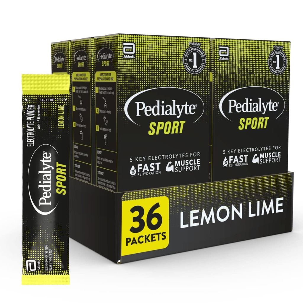 Pedialyte Sport Electrolyte Powder, Rychlá hydratace s 5 klíčovými elektrolyty pro podporu svalů před, Během, & Po cvičení, Lemon Lime, 0.49-oz Packets (36 Počet)