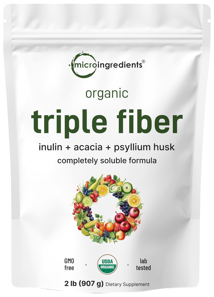 Mikro ingredience Organic Triple Fiber Powder, 2lb IR 124; Přírodní prebiotika na podporu trávicí & Gut zdraví IR 124; Rozpustné, snadno stravitelné 124; Neochucené, Vegan