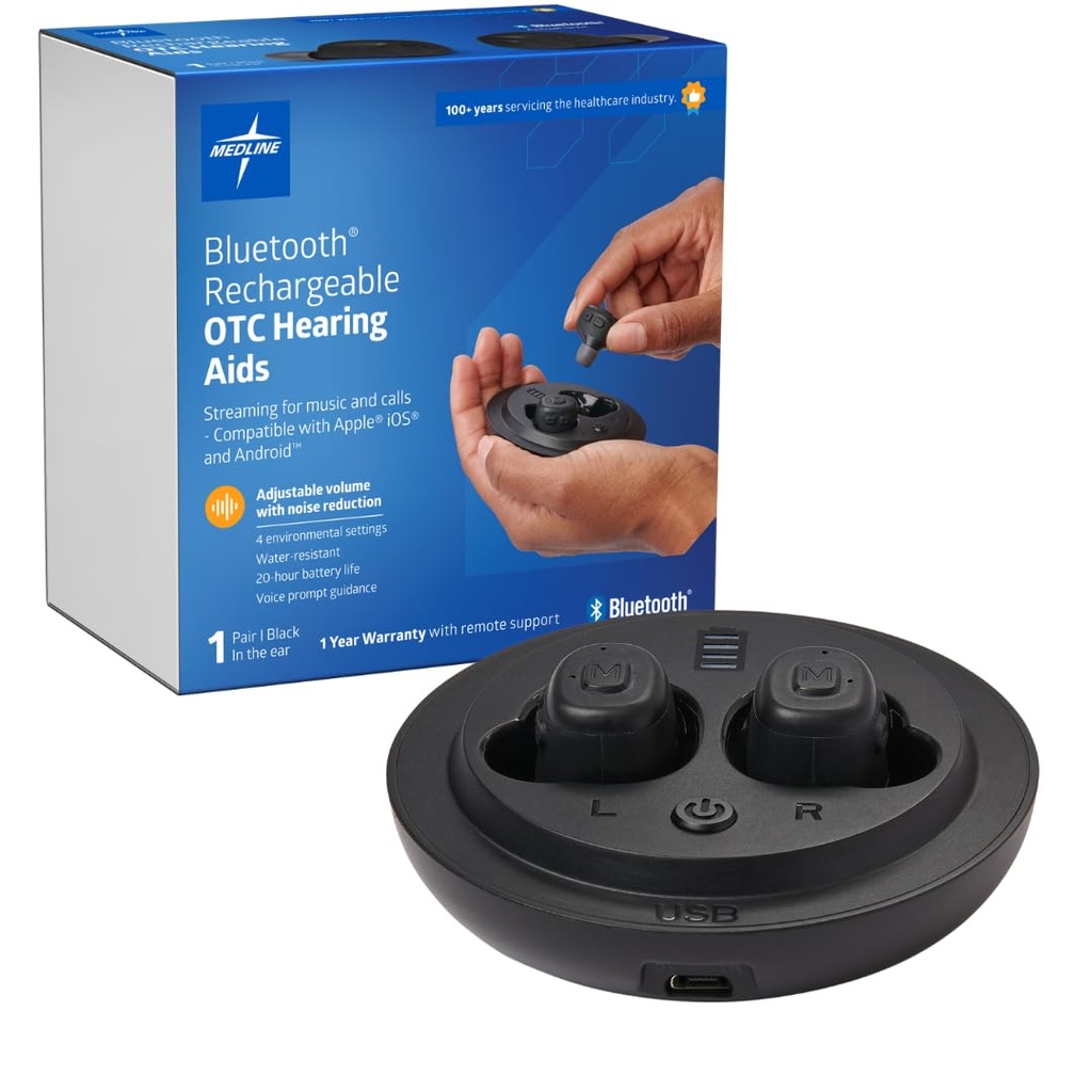 Medline Bluetooth Dobíjecí OTC naslouchací pomůcky, in- The- Uch, 4 Environmental Settings, Water Resistant, Nastavitelný objem, Mírné až střední ztráty sluchu, Snížení hluku, Sluchací pomůcky Earbud
