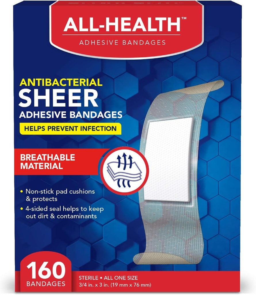 All Health Antibakterial Sheer Adhesive Bandages, 3 / 4 in x 3 in, 160 ct cd 124; Pomáhá zabránit infekci, Extra velká komfortní ochrana pro první pomoc a Wound Care