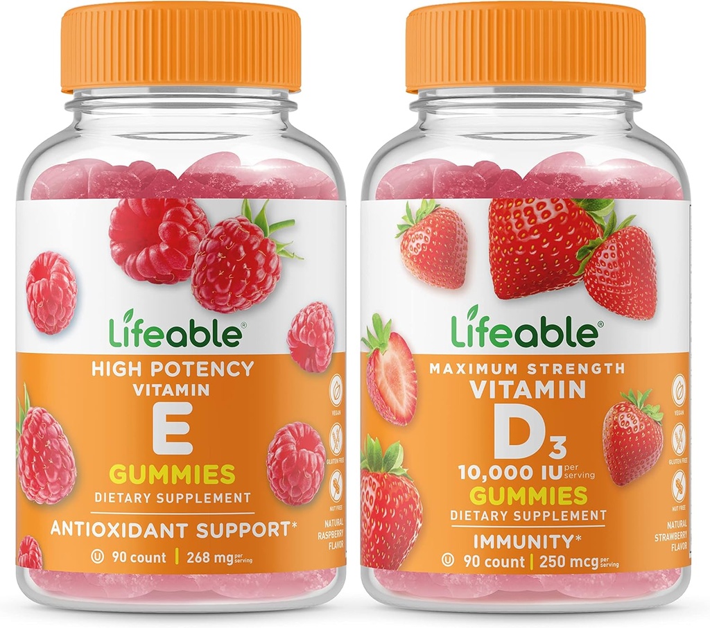 Živý vitamin E + vitamin D 10000 IU, Gummies Bundle - Velký přípitek, doplněk vitamínu, gluten zdarma, GMO zdarma, Žvýkací žlab