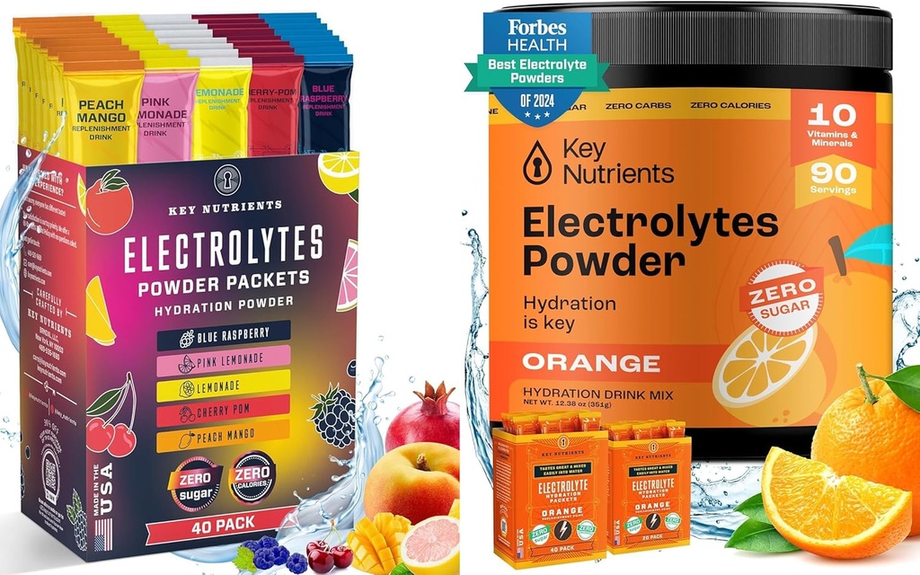 KEY NUTRIENTS Ultimate Hydration & Recovery Bundle: 40 Pack Multivitamin Hydration Packets & 90 Servings of Tangy Orange Electrolyte Powder - No Sugar, Gluten- Free, Keto- Friendly