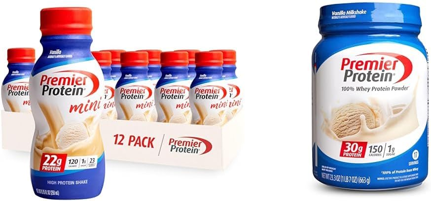 Premier Protein Shake MINI Vanilla 22g Protein 120 Calories Balení 12 & Prášek Vanilla Milkshake 30g Protein 17 Podání 23.3 Ounces