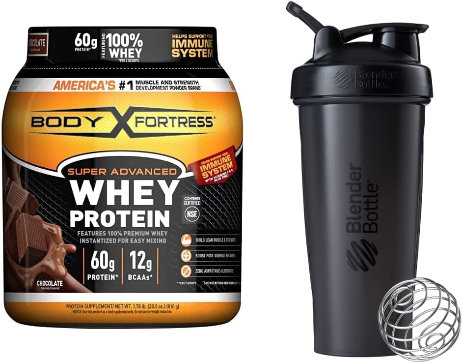 Tělesná pevnost Super Pokročilý syrovátkový prášek, čokoláda (1,78 lbs) a BlenderBottle Classic Shaker Lahev (28 oz), černá