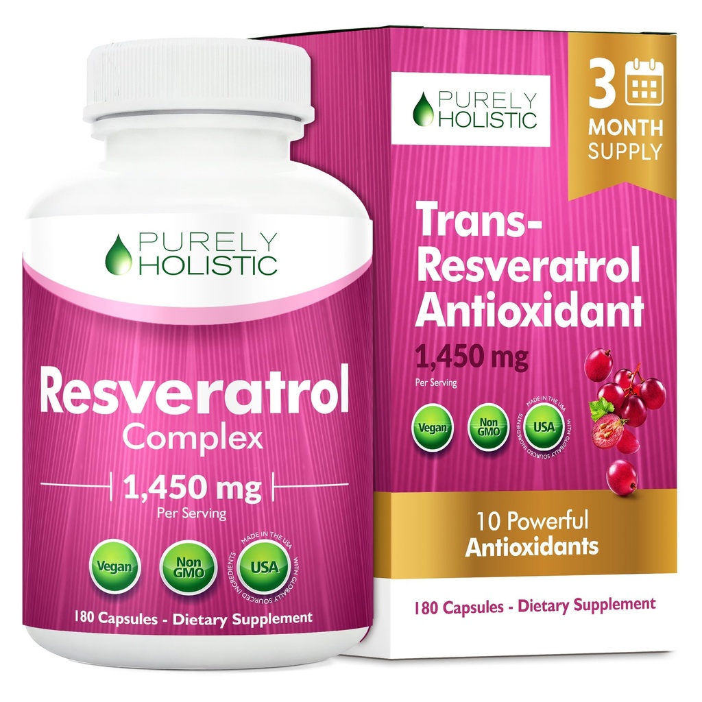 Čistě holistický resveratrol 1450mg, 90 Služeb, Trans- Resveratrol Antioxidant dodatek s vitaminem C a polyfenolový komplex, 180 Veganské kapsle