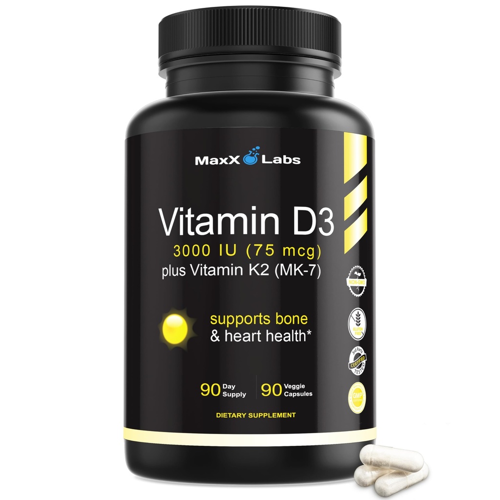 Vitamin D3 K2 3000 IU - s vitaminem K jako MK-7 z Natto - Vysoká potence vitamín D Supplementace zdravé kosti, zuby, srdce a imunitní funkce, bezlepkové - 90 Kapsle