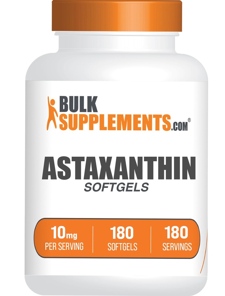 BulkSupplements.com Astaxanthin Softgels - Astaxanthin doplňky, Antioxidant Source - Gluten Free, 1 Softgel per Serving (10mg), 180 Počet (balení po 1)