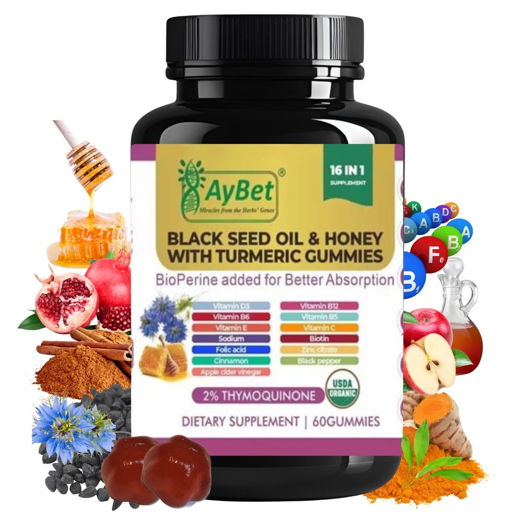 Black Seed Oil & Honey with Turmeric Gummies with BioPerine, Apple Cider ocet, Biotin, Zinek & Vitamíny C D3 B12 - Imunní, Detox, Energy & Vlasové kožní nehty Podpora - 60 Vegan, Halal, organické gumy