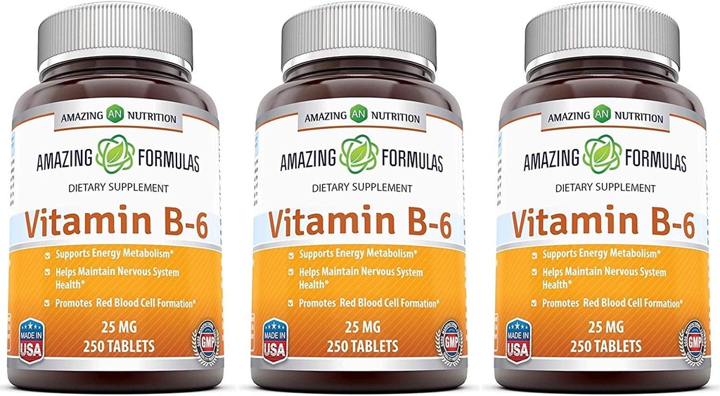 Úžasný vitamin B6 Pyridoxin 25mg 250 Tablety dodatek 124; Non- GMO 124; gluten zdarma 124; Made in USA (3 Pack)