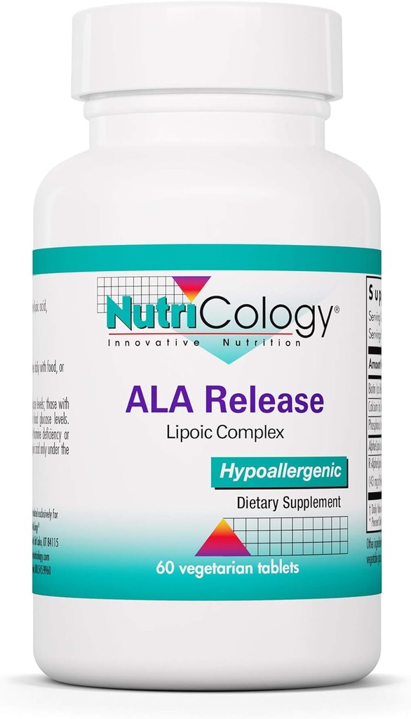 Nutricology ALA Release - Komplex kyseliny alfa- lipoové, R- alfa- lipoová, biotin, vápník, dodatek stravy, Vegetariánské tablety - 60 Počet
