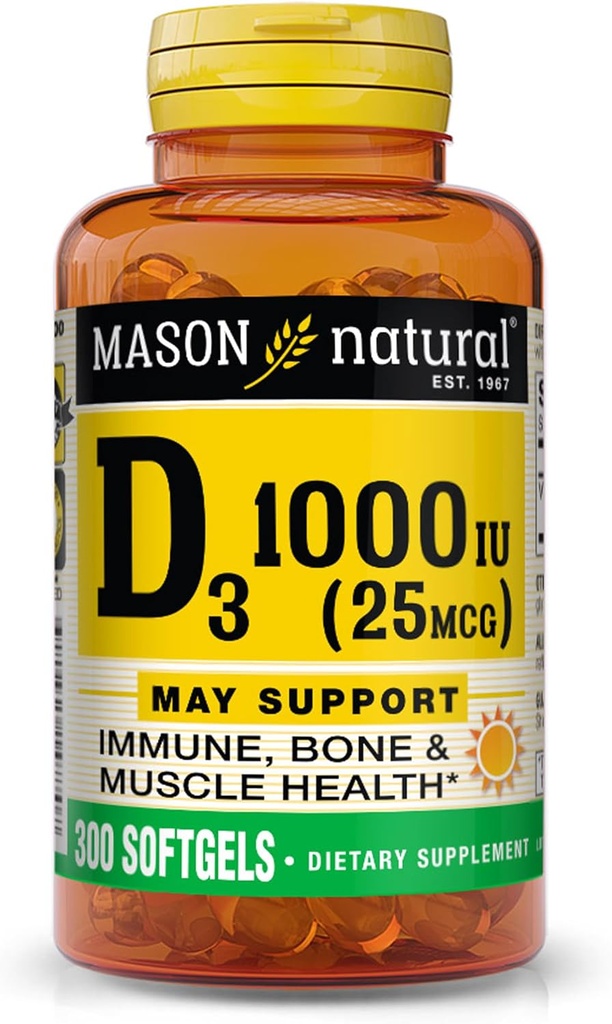 MASON NATURAL Vitamin D3 25 mcg (1000 IU), podporuje celkové zdraví, posiluje kosti a svaly, z rybího jaterního oleje, 300 Softgels