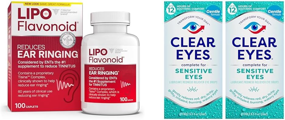 Lipo- Flavonoid Tinnitus Relief Ušní zdraví Vitamíny 100 Caplet & Clear Eye Sensitive Eye Drops 0.5 Oz 2 Pack Bundle
