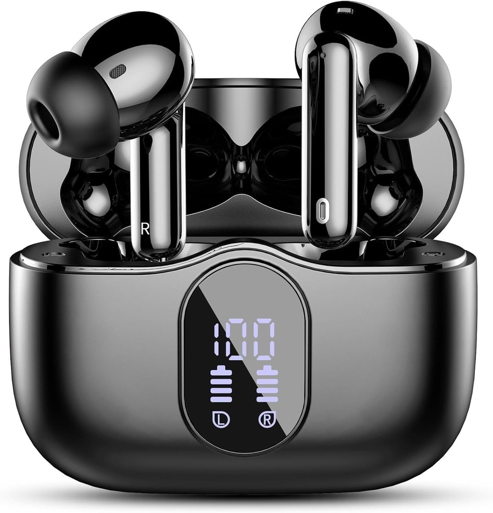 Bezdrátové sluchátka, Bluetooth 5.4 Sluchátka Bass Stereo, Ušní Budy s hlukem Cancelling Mic LED displej, IP7 vodotěsné v ušních sluchátkách, 36H Playtime pro Laptop Pad Phones sportovní cvičení, černá
