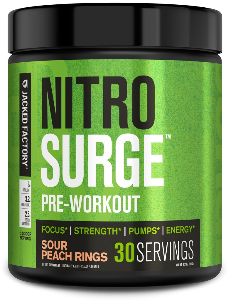 Jacked Factory NITROSURGE Pre Workout Doplněk - Nekonečná energie, okamžitá síla zisky, jasné zaměření, intenzivní čerpadla - NO Booster & Powerful Preworking Energy Powder - 30 Servings, Sour Peach Rings