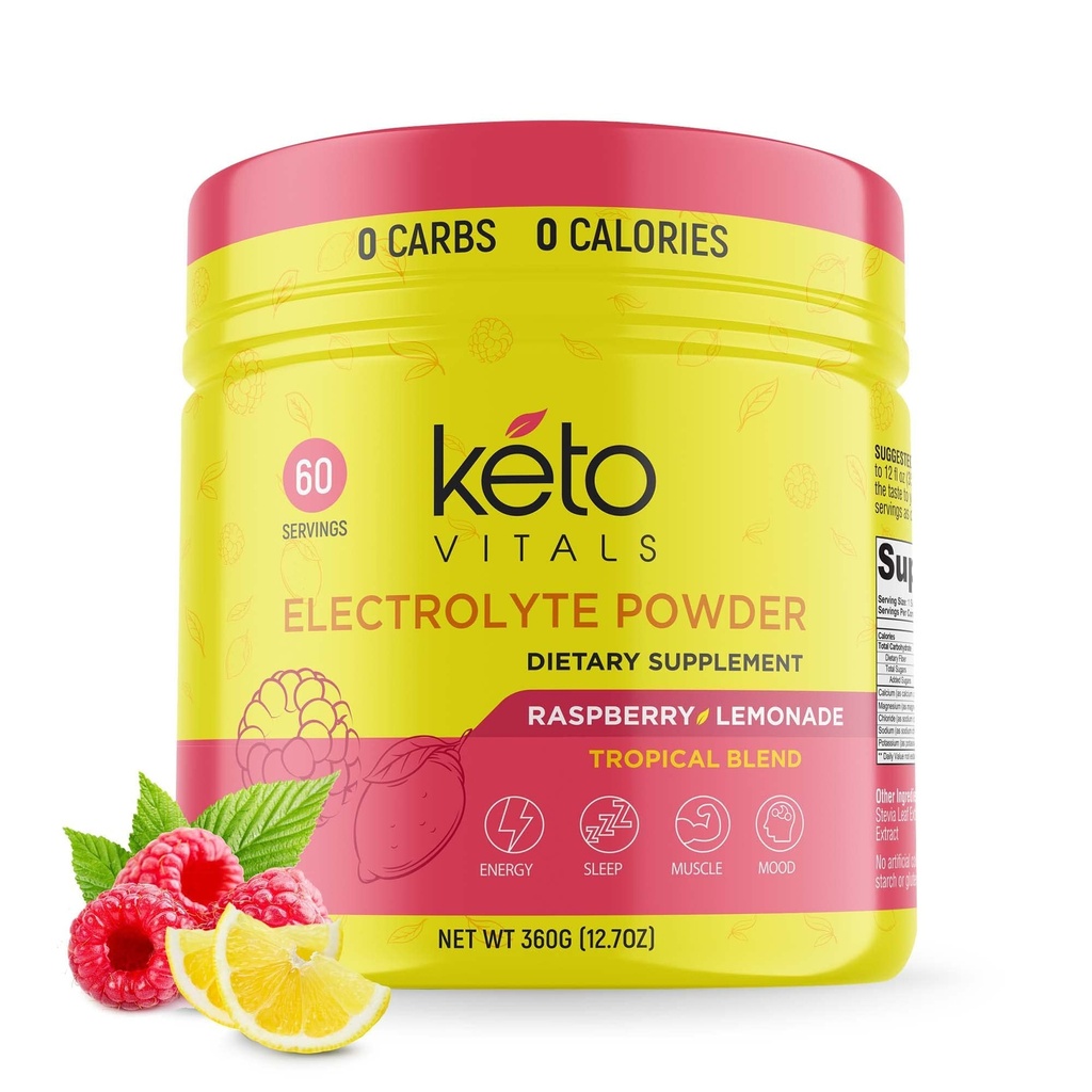 Keto Vitals Electrolytes Powder - Sugar Free Keto Electrolytes Powder with Draslík, Magnesium, Sodík, & vápník - No Sugar Electrolyte Drink Mix & Hydration Powder, 60 Servings, Malina Lemonade