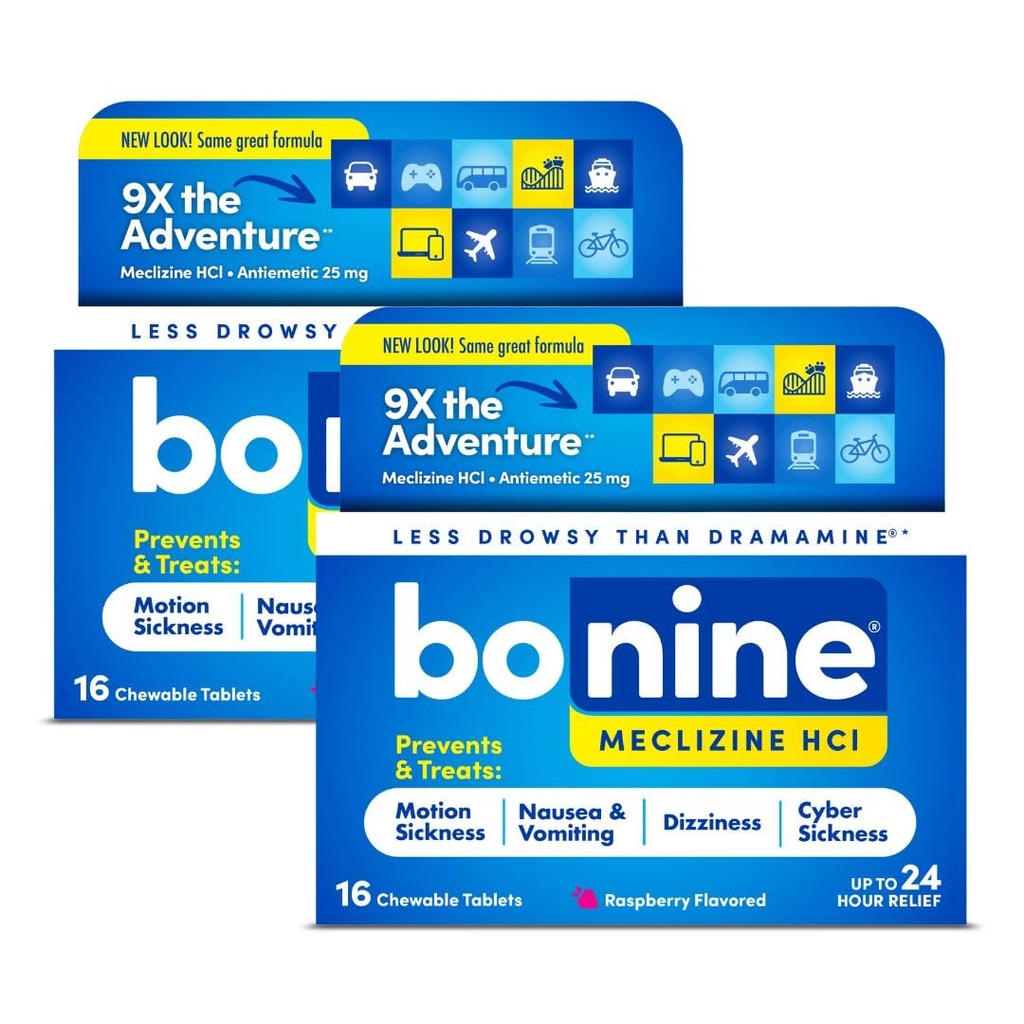 Bonine Non- Drowsy Motion Nemoci Relief - 32 Žvýkací tablety s Meclizine HCL 25mg - Non Drowsy Medicine for Nausea or Motion Nemoci - Cruise Essentials - Raspberry Flavor