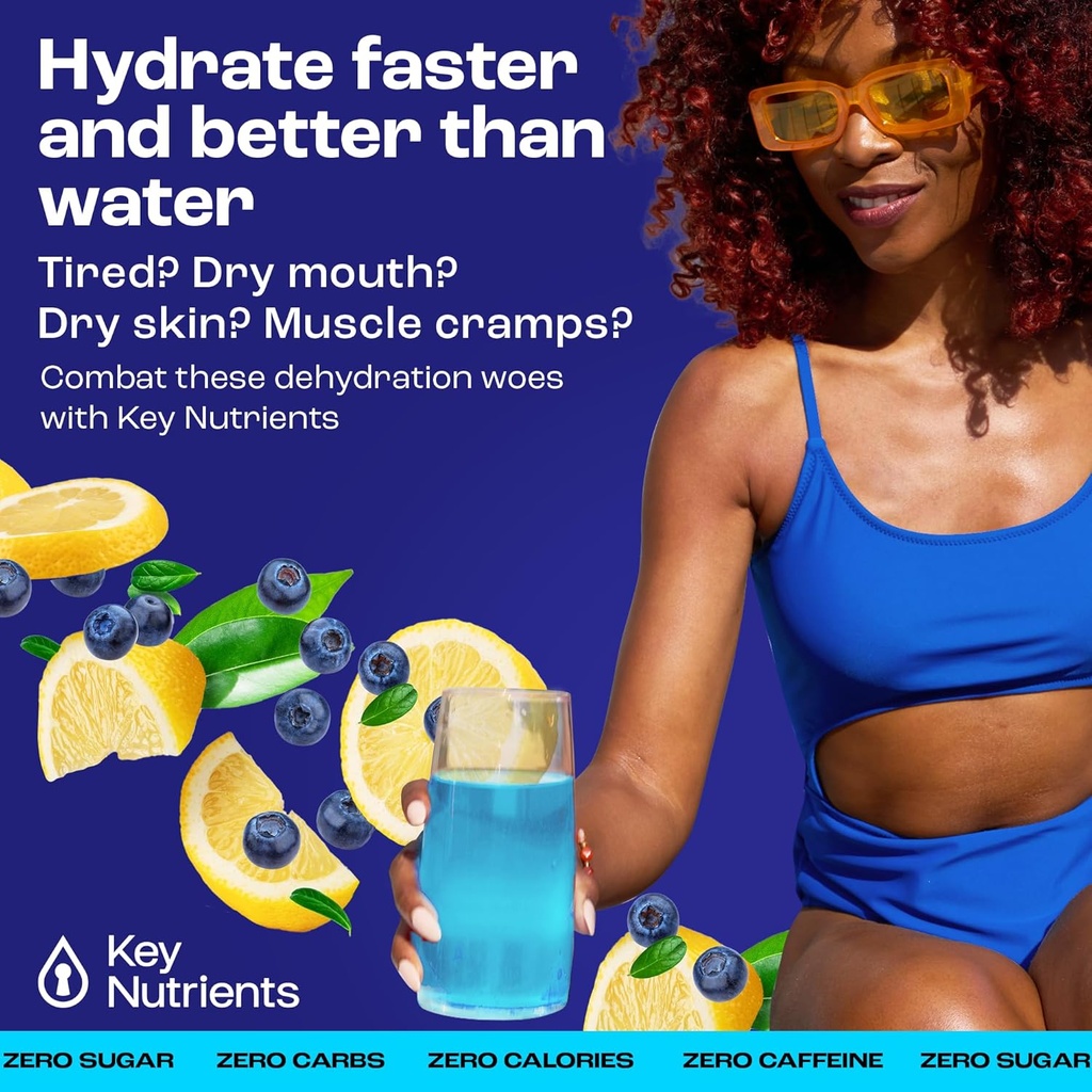 KEY NUTRIENTS Multivitamin Electrolytes Powder Packets - Delicious Blueberry Lemonade 40 Packet Hydration Packets - Travel Hydration Powder - No Sugar, No Calories, Gluten Free - Made in USA